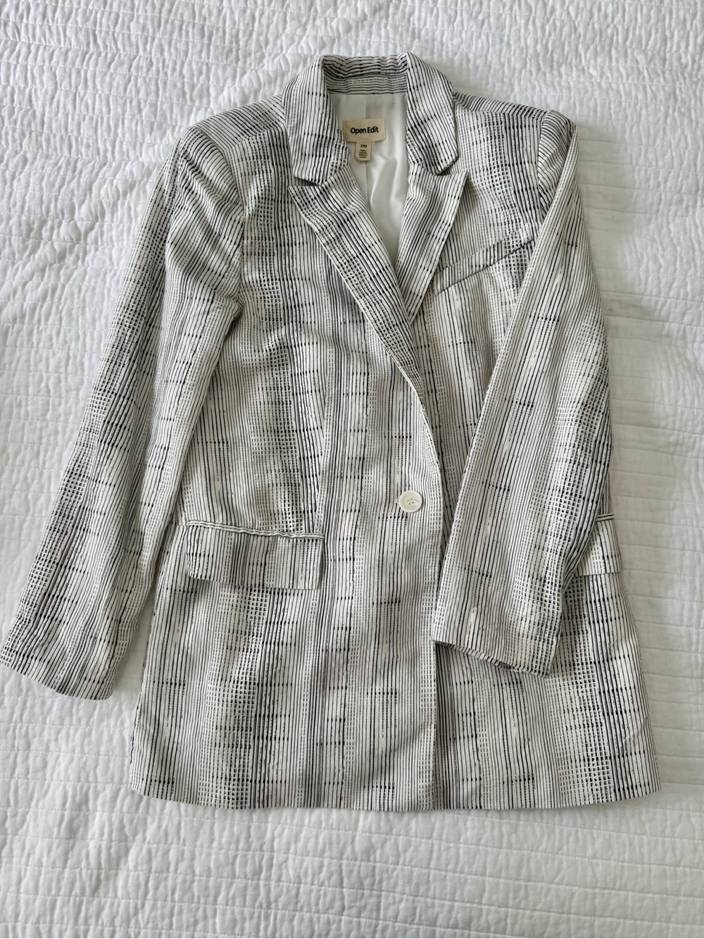 Open Edit Oversized Linen Blazer Ivory & Black Linear Stripe - Picture 1 of 4